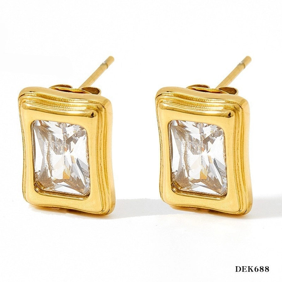 Shiny Rectangle Zircon Earrings [304 Stainless Steel,16K Gold Plated]