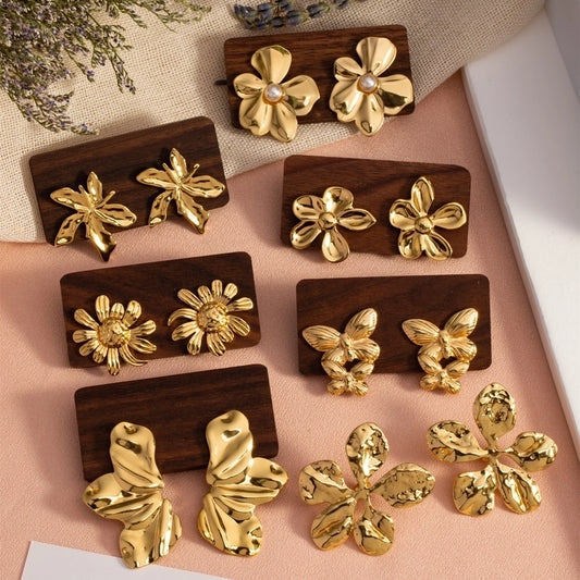 Mix Flower Earrings [304 Stainless Steel,18K Gold Plated]