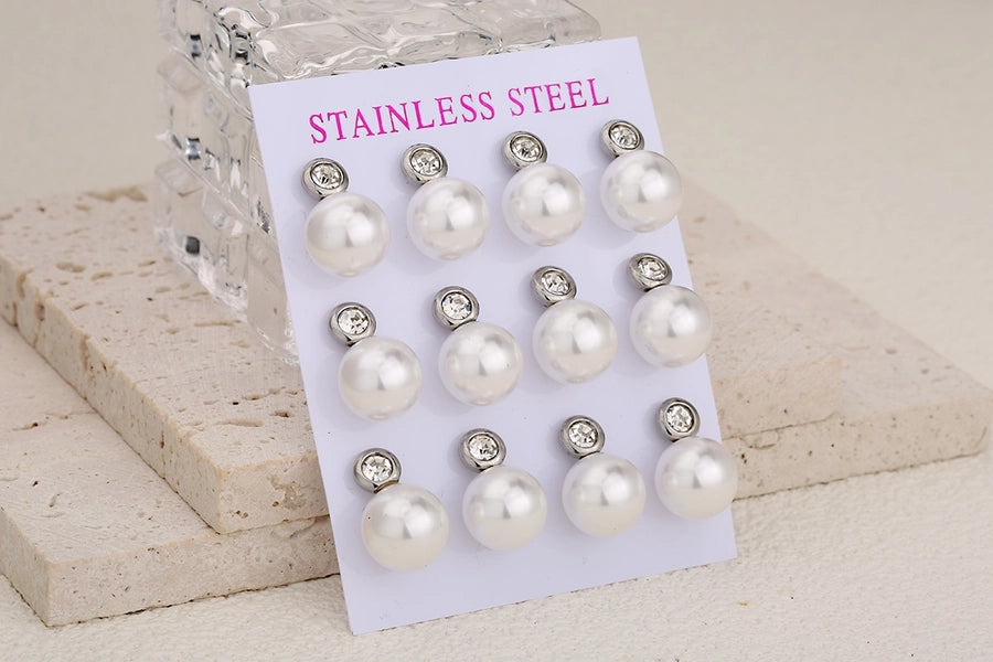 Round Pearl Stud Earrings Set [304 Stainless Steel]