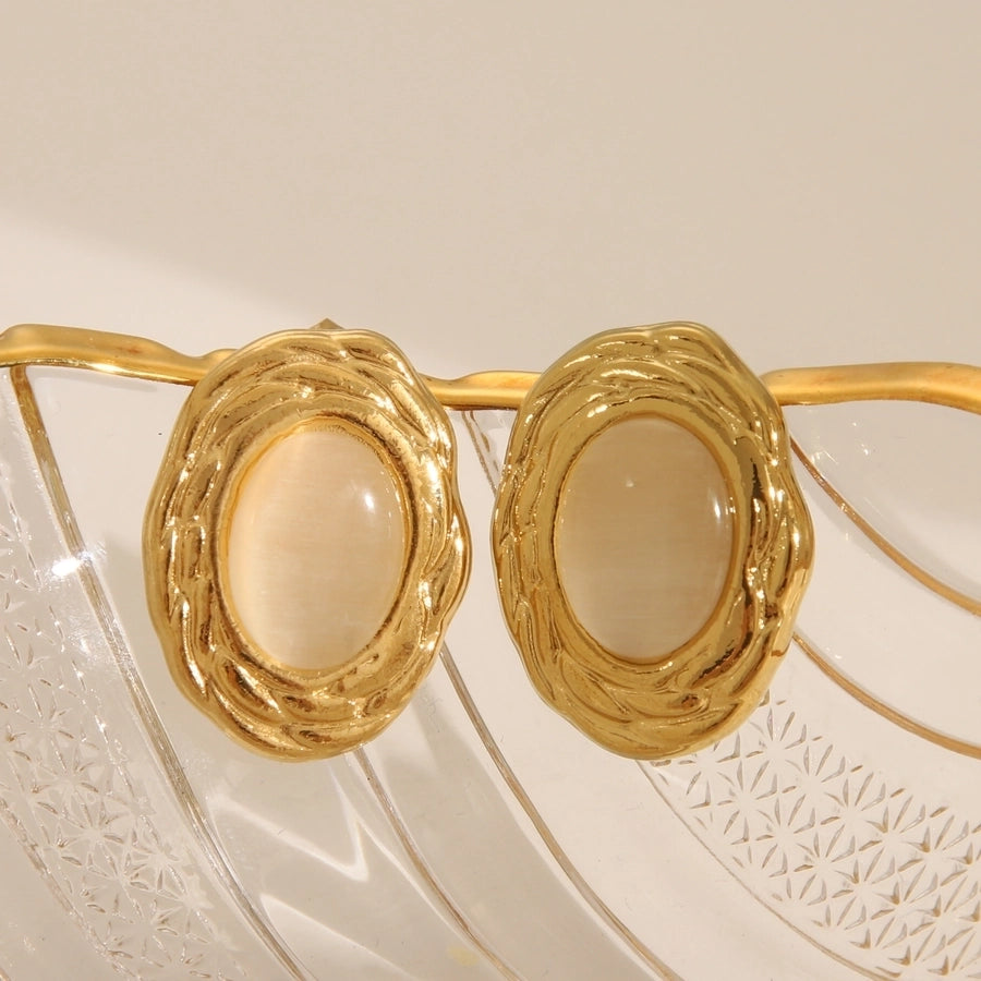 Oval Natural Stone Ear Studs [304 Stainless Steel,18K Gold Plated]