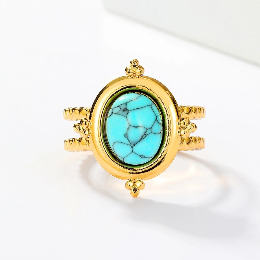 Round Square Turquoise Open Ring [201 Stainless Steel, 18K Gold Plated]