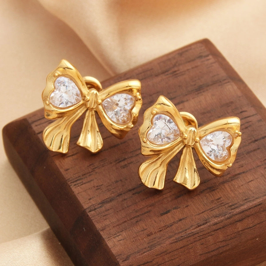 Shiny Bow Knot Artificial Gemstones Earrings [304 Stainless Steel]