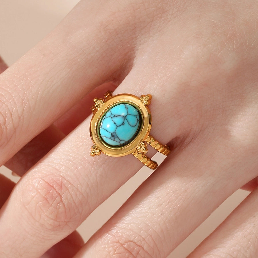 Round Square Turquoise Open Ring [201 Rustfrit stål, 18K guldbelagt]