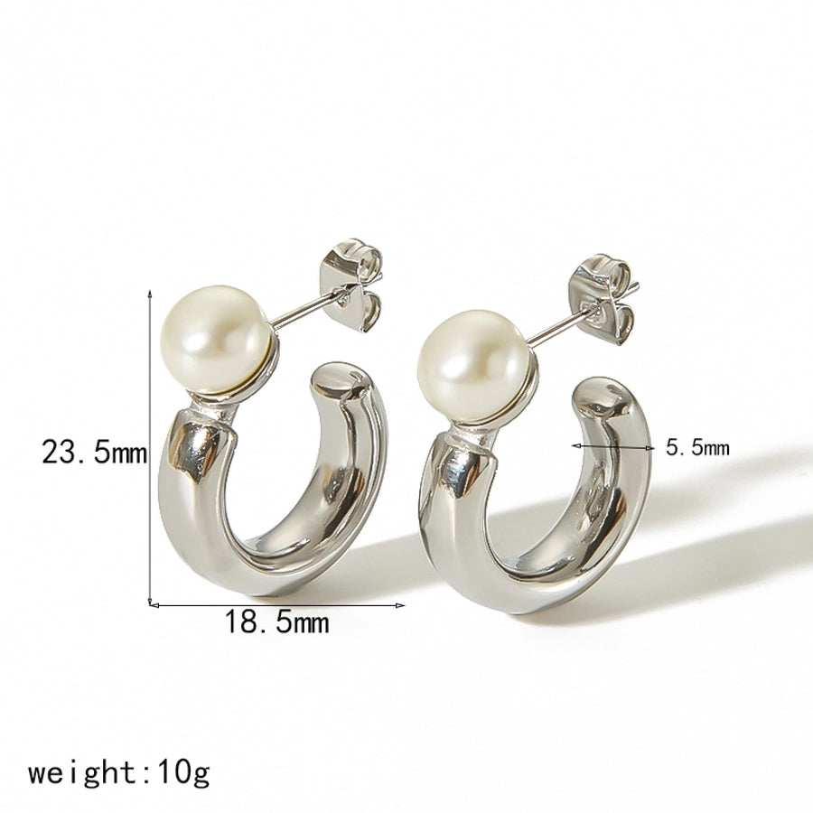 C Shape Polishing Pearl Earrings [304 Stainless Steel,18K Gold Plated]