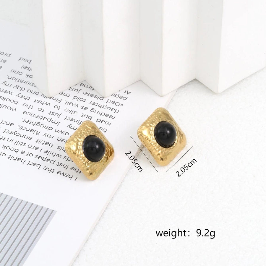 Square Natural Stone Ear Studs [304 Stainless Steel,18K Gold Plated]