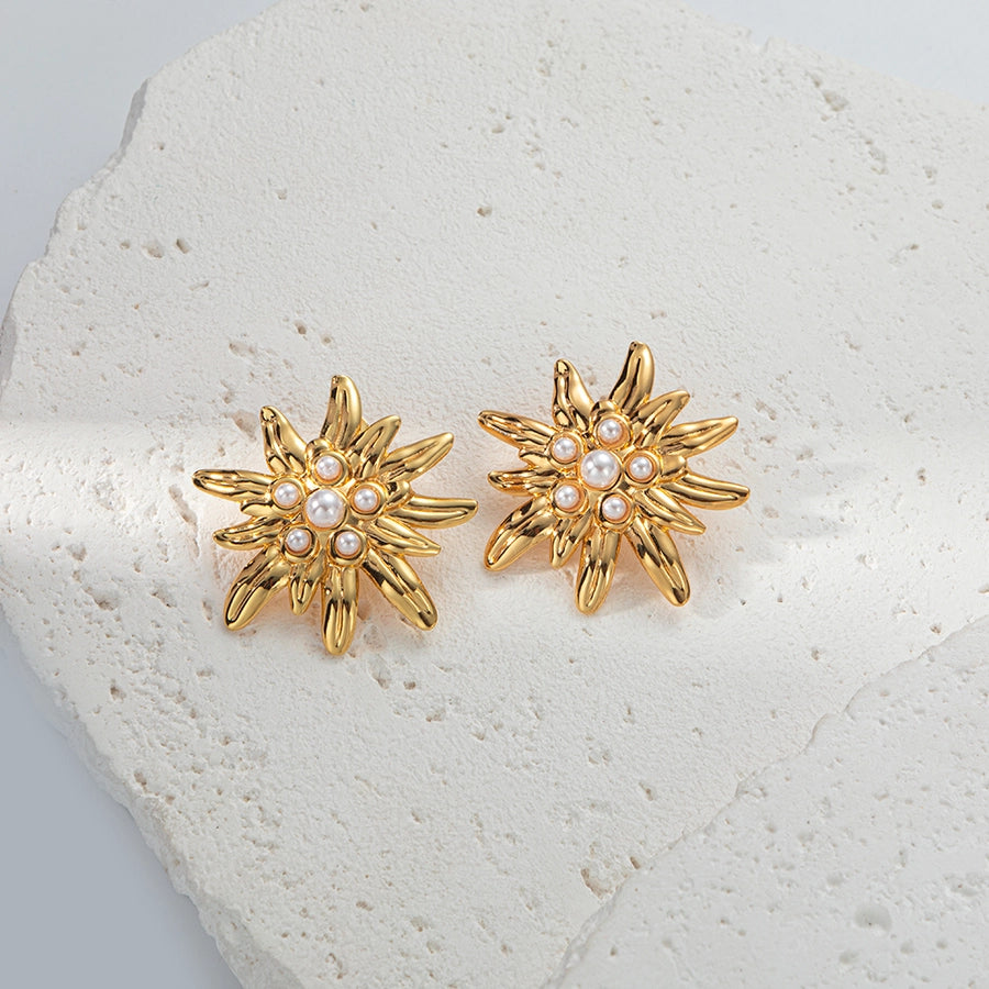 Chrysanthemum Pearl Earrings [304 Stainless Steel,14K Gold Plated]