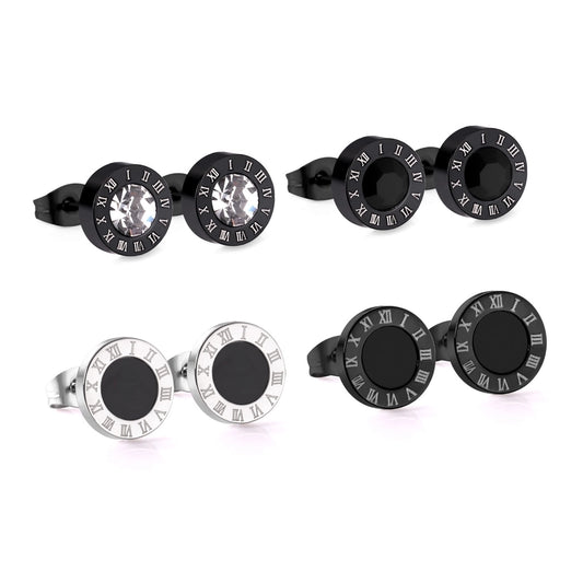 Round Zircon Roman Stud Earrings [Stainless Steel]