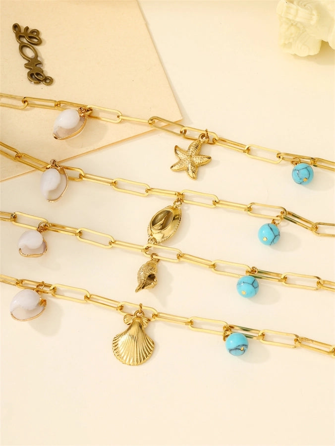 Beach Shell Starfish Chain Bracelets [304 Stainless Stee,18K Gold Plated]