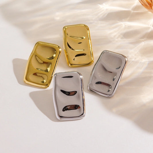 Rectangle de boucles d'oreilles plissées de polissage [304 en acier inoxydable, plaqué or 14K]