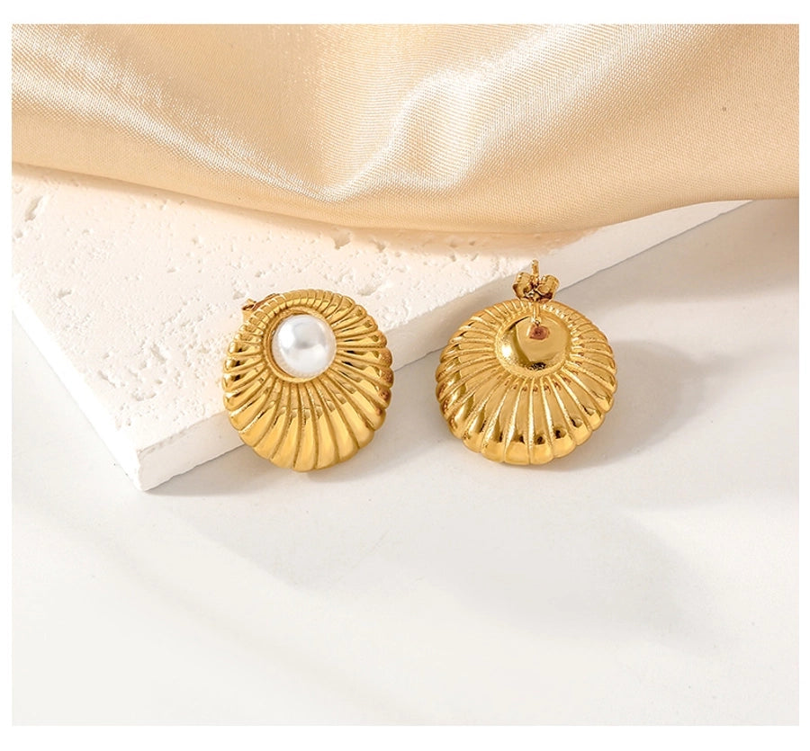 Pearl Round Earrings [316 Stainless Steel,18K Gold Plated]