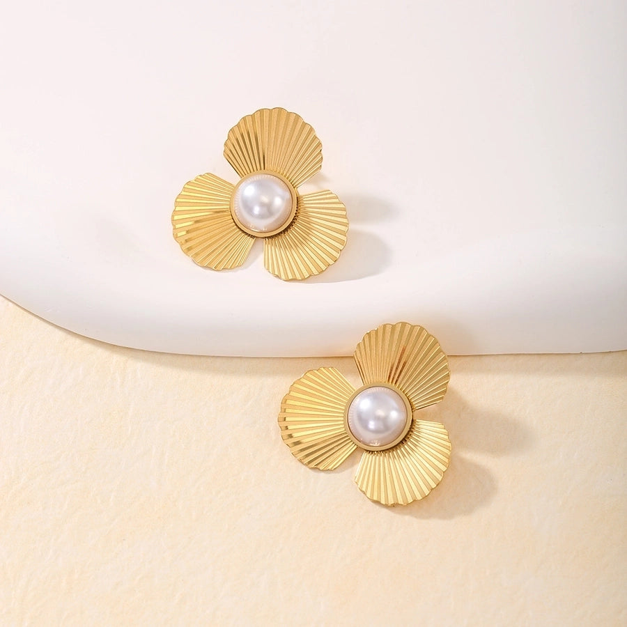 Flower Artificial Pearls Earrings [304 Stainless Steel,18K Gold Plated]