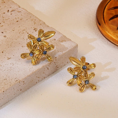 Flower Rhinestones Earrings [304 Stainless Steel,18K Gold Plated]