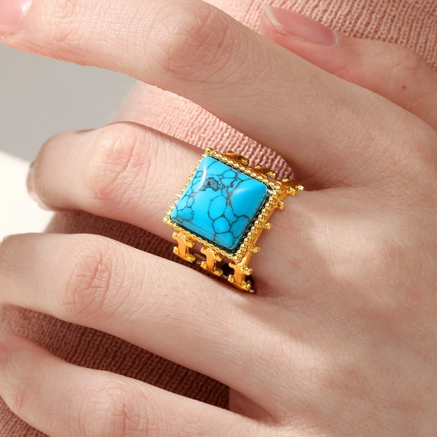 Round Square Turquoise Open Ring [201 Stainless Steel, 18K Gold Plated]