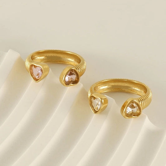 Zirkon Doppelherz Offener Ring [Edelstahl, 18K Gold plattiert]