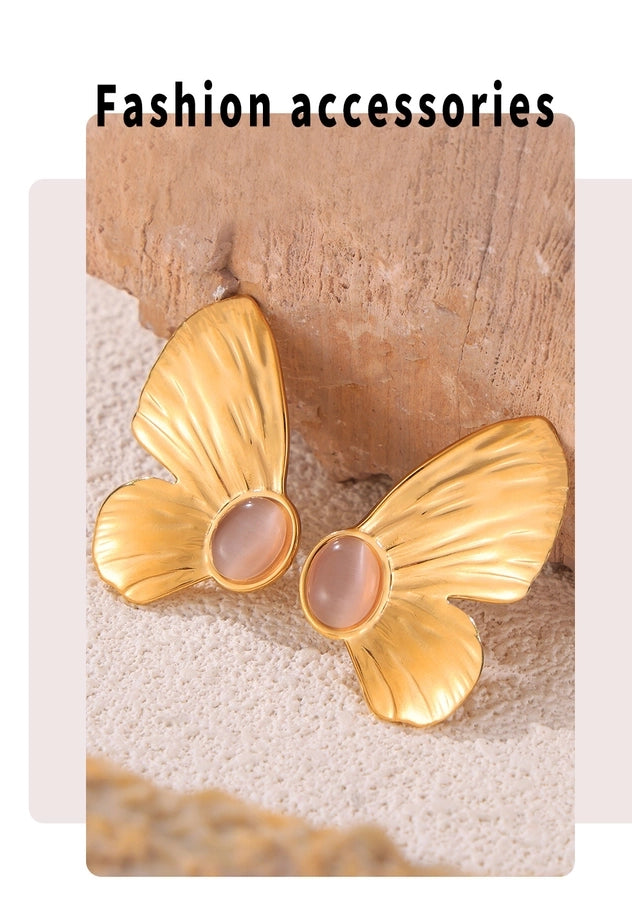 Pendientes de mariposa alas ovales de piedra rosa [acero inoxidable 304, 18k dorado]