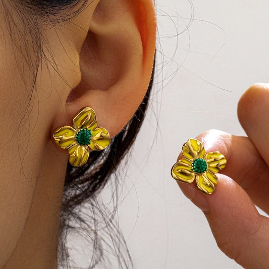 Flower Green Enamel Ear Studs [304 Stainless Steel,18K Gold Plated]