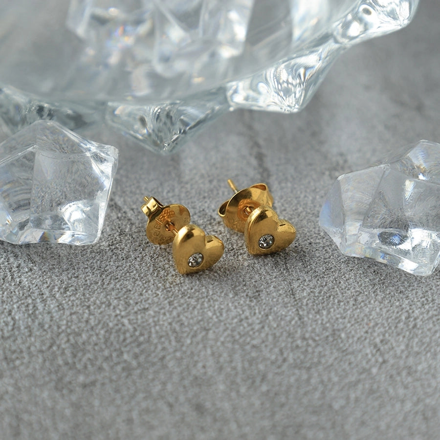 Small Heart Shape Zircon Earrings [304 Stainless Steel, 14K Gold Plated]