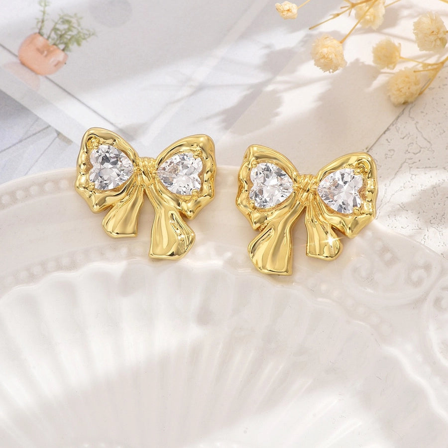 Shiny Bow Knot Artificial Gemstones Earrings [304 Stainless Steel]