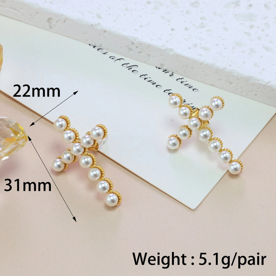 Artificial Pearls Cross Earrings [304 Stainless Steel,18K Gold Plated]