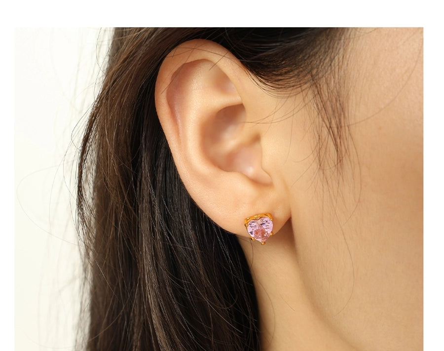 Pendientes/collar de corazón de circón blanco rosa [304 acero inoxidable, 18k dorado chapado]