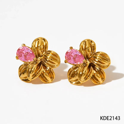 Flower Zircon 16K Earrings [304 Stainless Steel,16K Gold Plated]