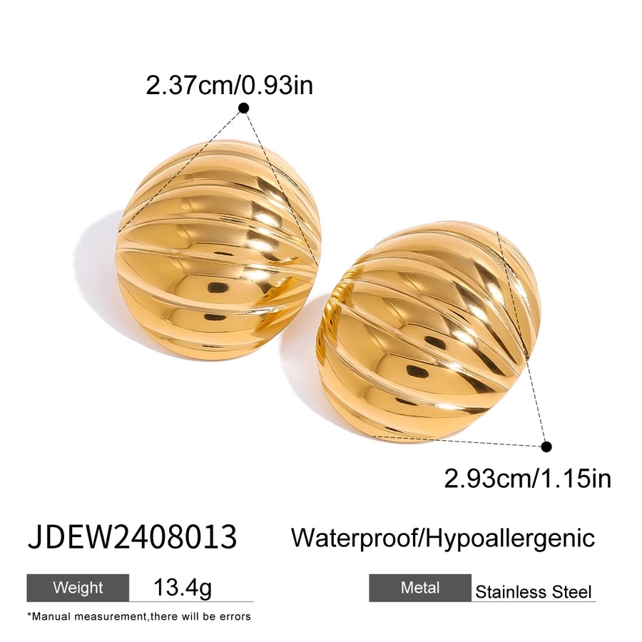 Oval Glossy Rib Concave and Convex Chubby Earrings [304 Stainless Steel, 18K Gold Plated]