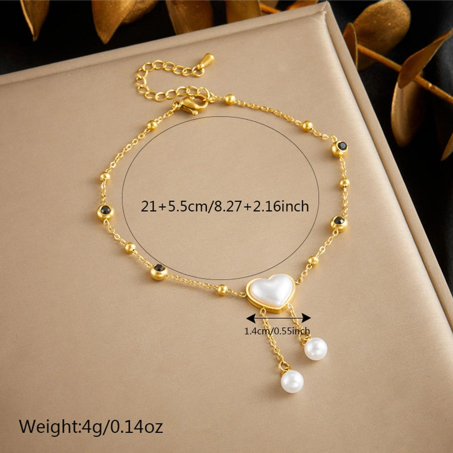 Vacatamiento de la forma del corazón del corazón Roman Numeral Pearls Anklet [304 acero inoxidable, 18k dorado chapado]