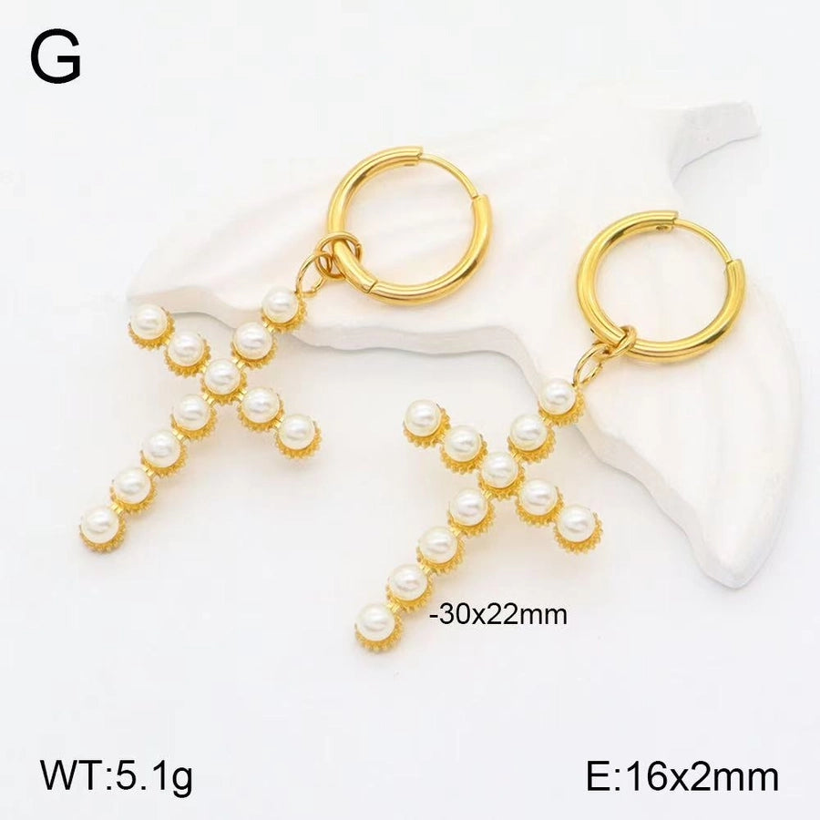 Cross Pearl Earrings [304 Stainless Steel 18K Gold Plated]