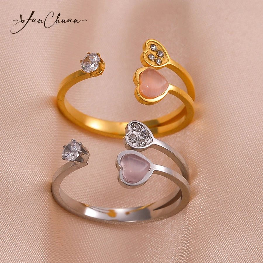 Heart Shape Stone Open Rings  [304 Stainless Steel]