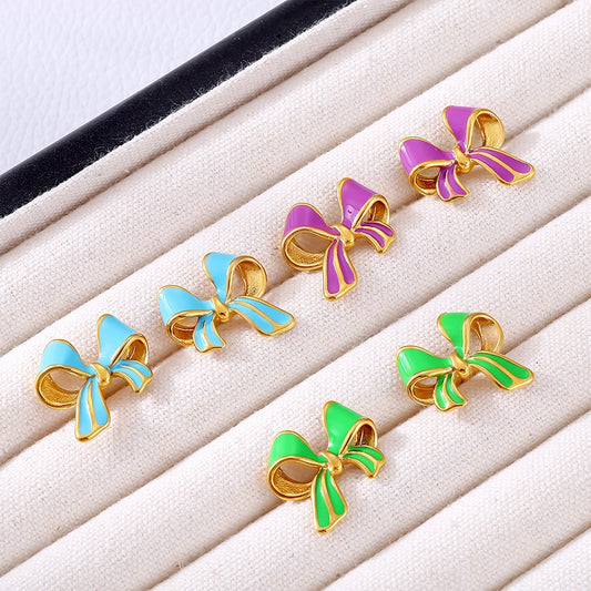 Color Preppy Style Bow Knot Enamel Earrings [304 Stainless Steel,18K Gold Plated]