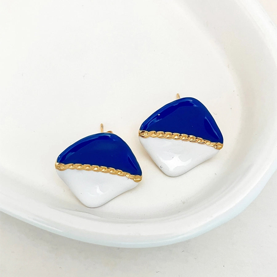 Blue Round Rhombus Epoxy Natural Stone Earrings [304 Stainless Steel,14K Gold Plated]