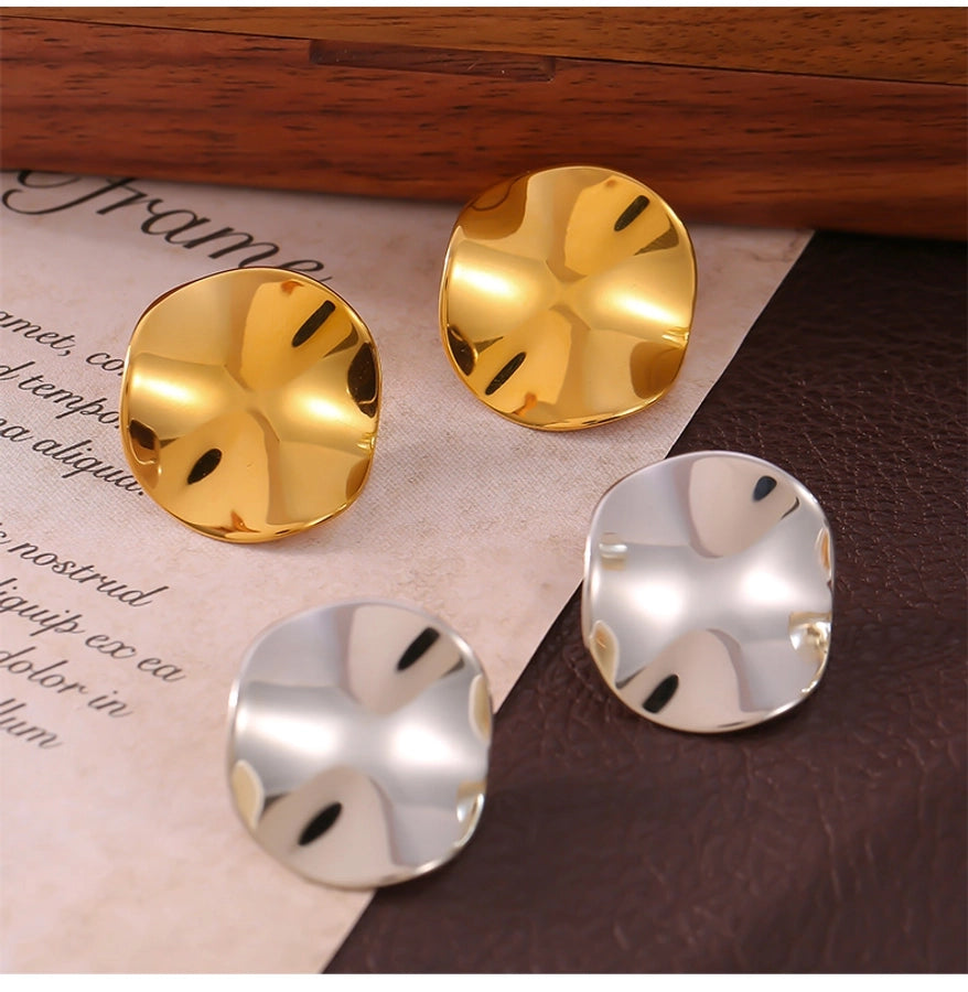 Flat Round Pleated Earrings [304 Stainless Steel,18K Gold Plated]