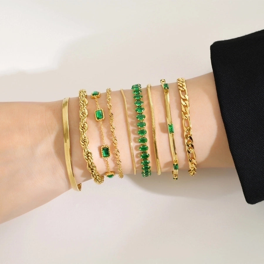 Green Zircon Chain Bracelets [201 Stainless Steel, 18K Gold Plated]