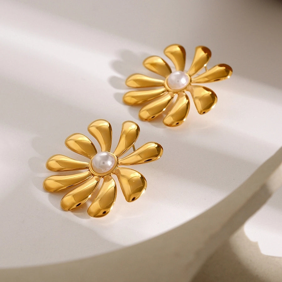 Flower Pearl Earrings [304 Stainless Steel,18K Gold Plated]