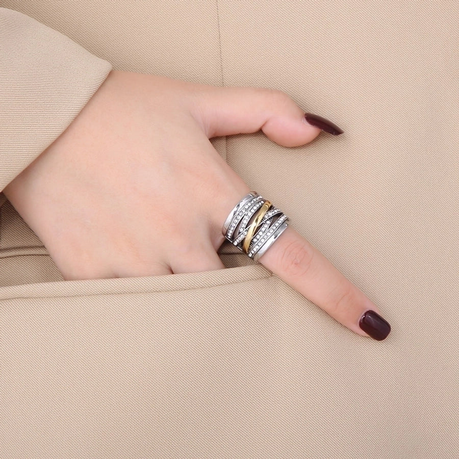 fashion geometric stainless steel criss cross braid rhinestones rings