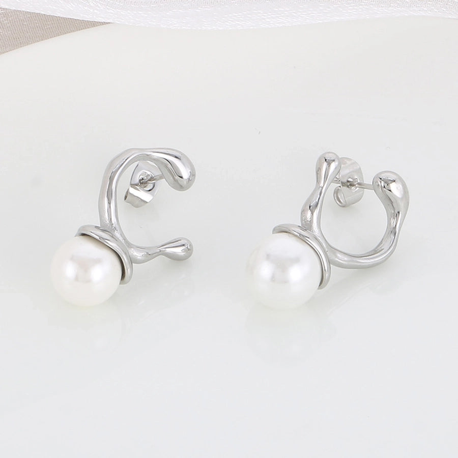 Round Pearl Drop Earrings [304 Stainless Steel,18K Gold Plated]