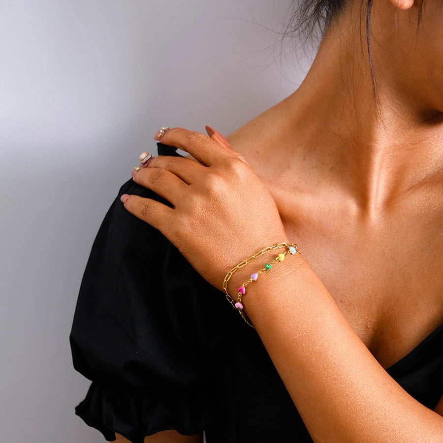 Bracelets à double chaîne de coeur en émail [304 en acier inoxydable, plaqué or 14K]