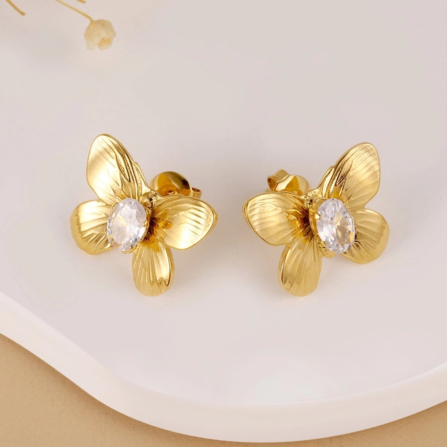 Butterfly Steel Zircon Earrings [304 Stainless Steel, 14K Gold Plated]