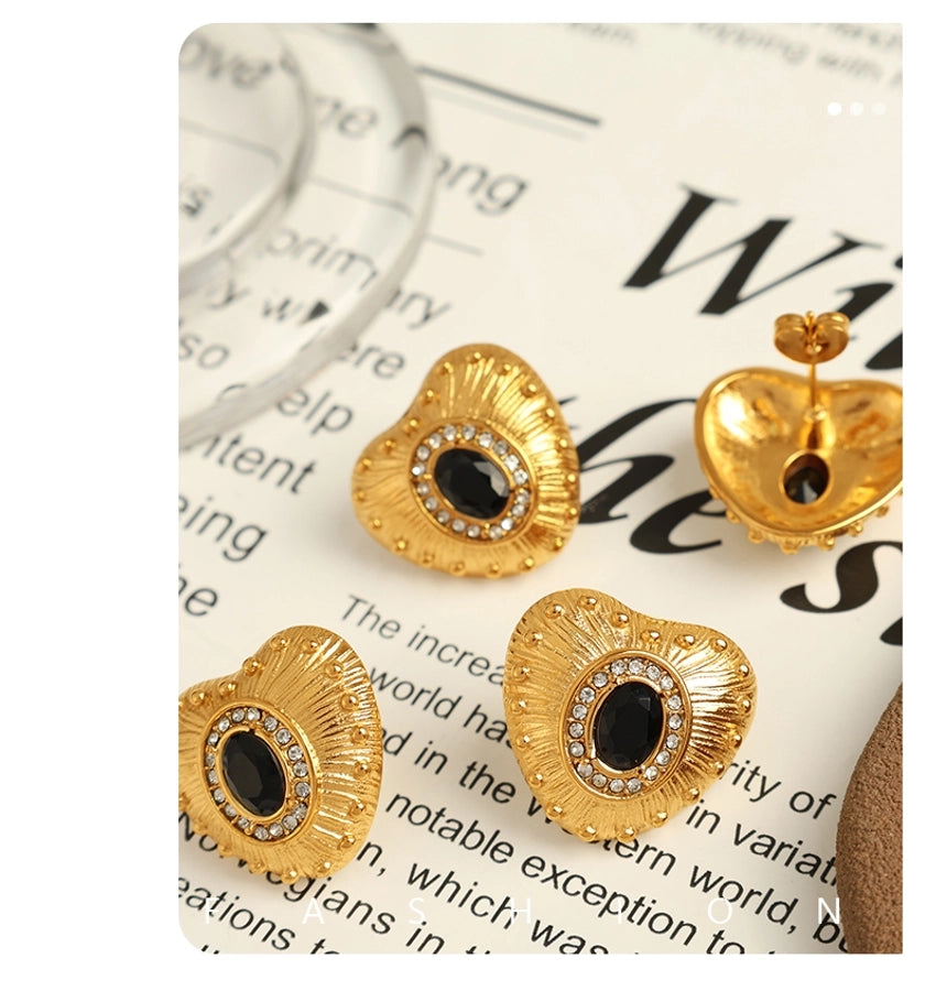 Heart Shape Polishing Inlay Zircon Earrings [304 Stainless Steel,18K Gold Plated]