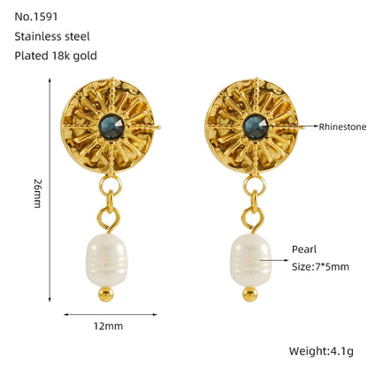 Round Astrolabe Artificial Pearls Earrings [304 Stainless Steel,18K Gold Plated]