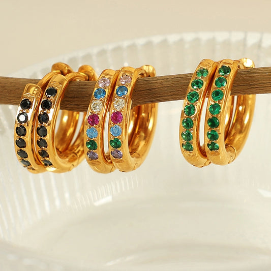 Colored Rhinestones Hoop Earrings [304 Stainless Steel,18K Gold Plated]