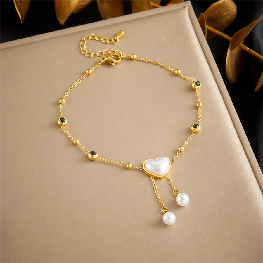 Vacation Heart Shape Eye Roman Numeral  Pearls Anklet [304 Stainless Steel, 18K Gold Plated]