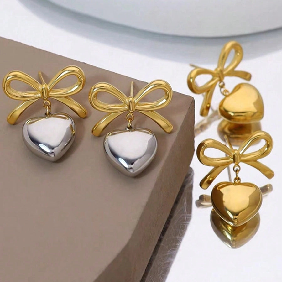 Heart Bow Earrings [304 Stainless Steel,18K Gold Plated]