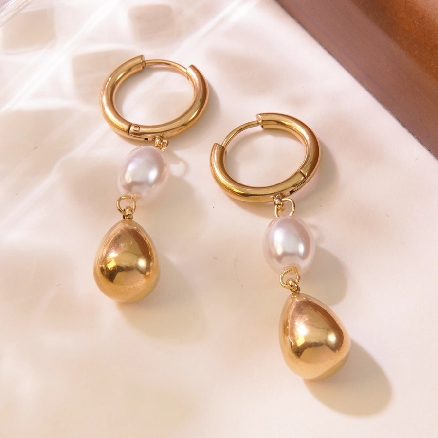 Pearl Teardrop Drop Earrings [304 Stainless Steel,18K Gold Plated]