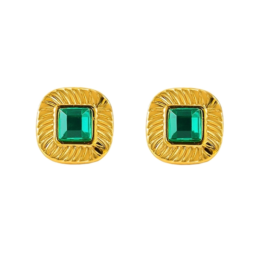 Square Green Glass Stone Earrings [304 Stainless Steel,18K Gold Plated]