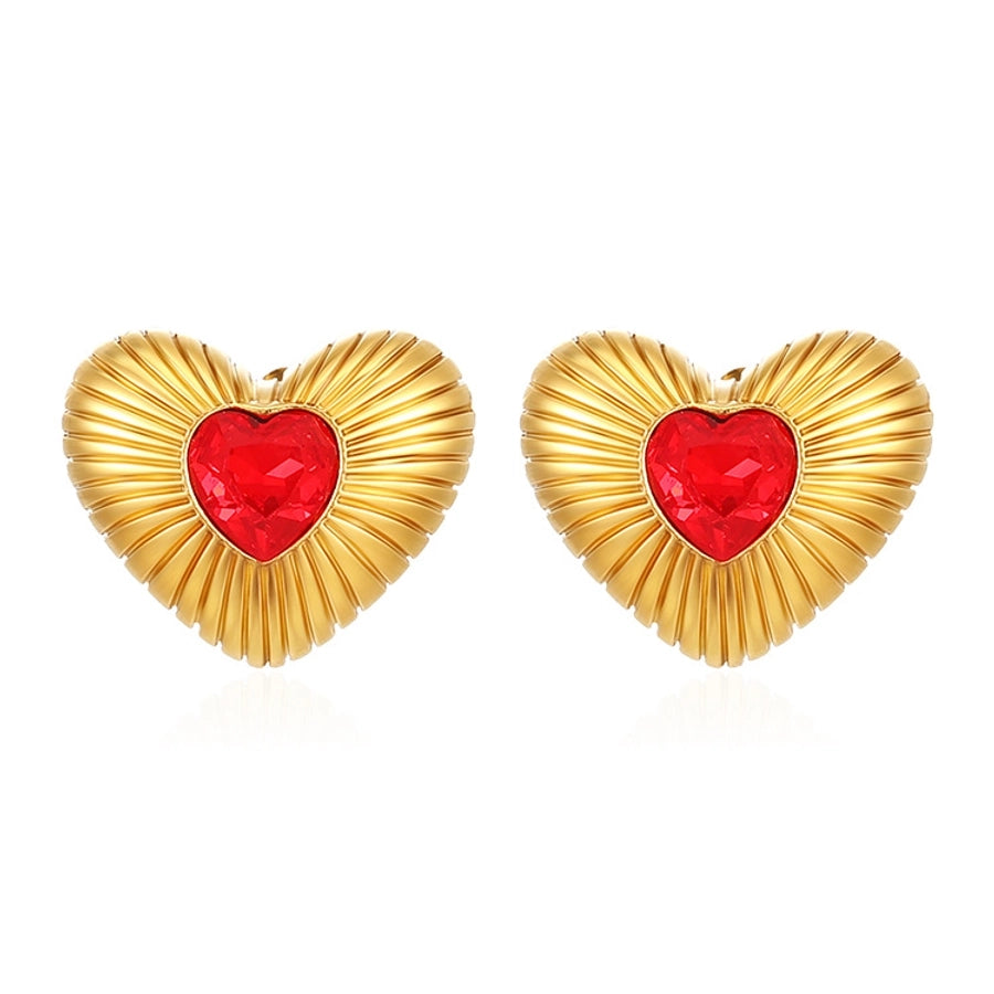 Red Zircon Heart Stud Earrings [304 Stainless Steel]