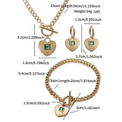 Heart Shape Green Artificial Gemstones Jewelry Set [304 Stainless,Steel 14K Gold Plated]