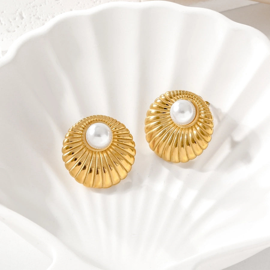 Pearl Round Earrings [316 Stainless Steel,18K Gold Plated]