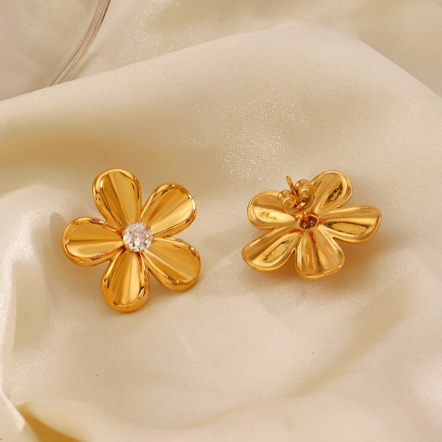 Flower Inlay Zircon Earrings [304 Stainless Steel,18K Gold Plated]