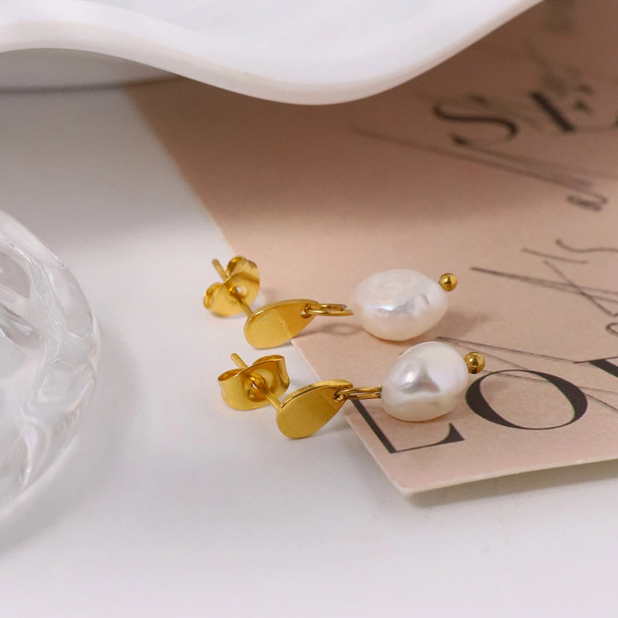 Water Droplets Plating Inlay Pearl Earrings [304 Stainless Steel,18K Gold Plated]